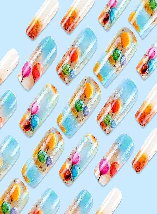 RikView Coffin Press on Nails Long Fake Nails Blue Acrylic Nails with Color Balloon Design Glossy Full Cover Nails Nails for Women 24 PCs/Set - Image 3